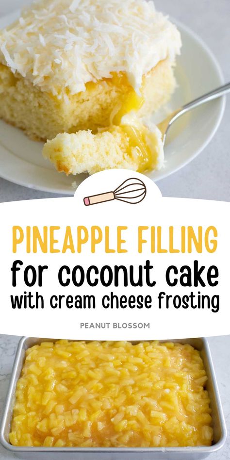 This easy pineapple filling recipe uses canned pineapple tidbits for a burst of pineapple flavor in a rich and decadent cake. Pair with a boxed coconut cake mix and cream cheese frosting for a simple dessert. Yummy Cake Fillings, Pineapple Cake Filling Recipes, Pineapple Pie Filling Recipes, White Cake With Pineapple Filling, Vanilla Cake With Pineapple Filling, Pineapple Cake Cream Cheese Frosting, Pineapple Filling For Cake Recipe, Pineapple Cake Filling, Pineapple Pecan Cake With Cream Cheese Frosting