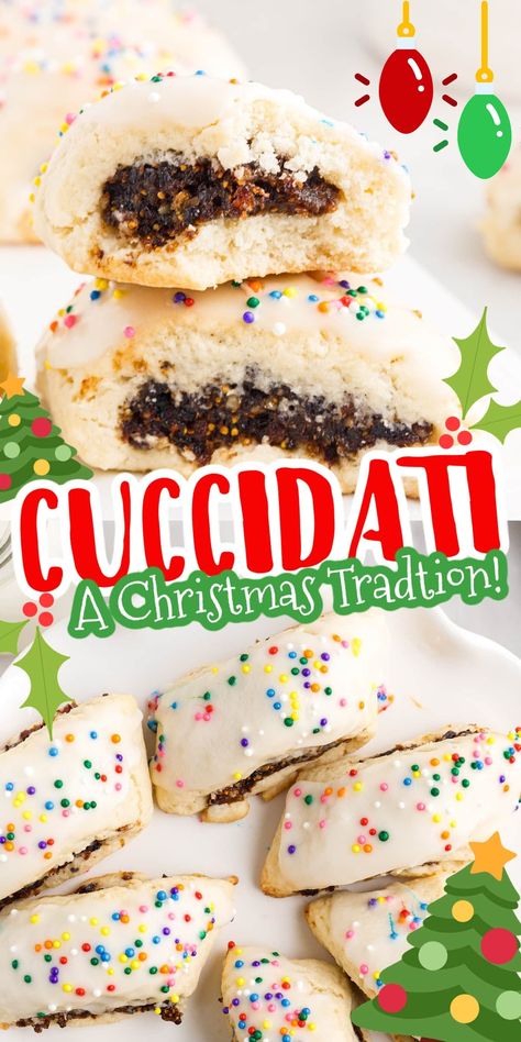 Cuccidati are the best Italian Christmas cookies. With a buttery shortcrust dough, stuffed with nutty fig filling, and glazed with sprinkles. Italian Christmas Cookie Recipes, Italian Fig Cookies, Xmas Cookies Recipes, Cookies Bites, Chocolate Christmas Cookies, Fig Cookies, Easy Holiday Cookies, Muffins Cake, Italian Christmas Cookies