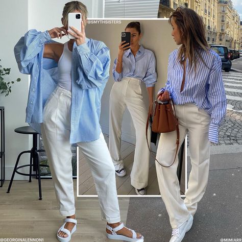 Oversized Blue Dress Shirt Outfit, Women’s Blue Shirt Outfit, Styling A Blue Shirt, Stripe Shirts Women Outfit, Womens Blue Shirt Outfit, White Trousers Blue Shirt, Oversized Blue And White Striped Shirt, Style Blue Button Down, Style With Shirt Woman