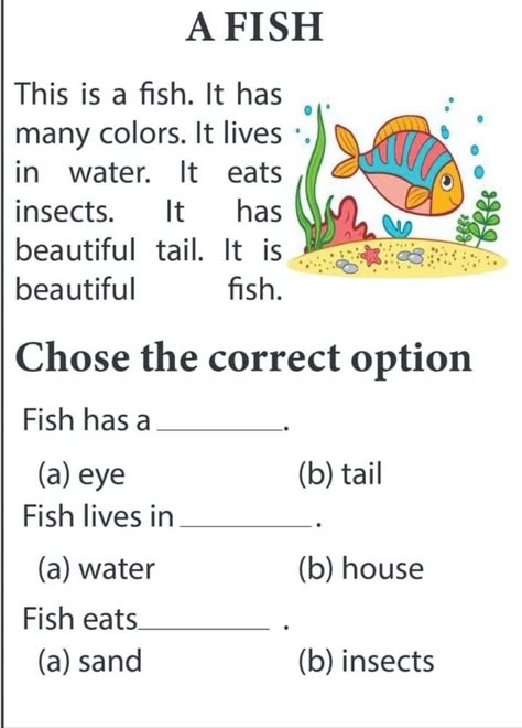 A fish . Read  and choose the correct answer . easy reading worksheet Easy Comprehension Worksheets, Easy Reading Passages For Kindergarten, Easy Reading Worksheets, Read And Answer Worksheet, Grade 2 Worksheets English, Class 1 English Worksheets, Fish Worksheet, Ingles Kids, Phonics Reading Passages