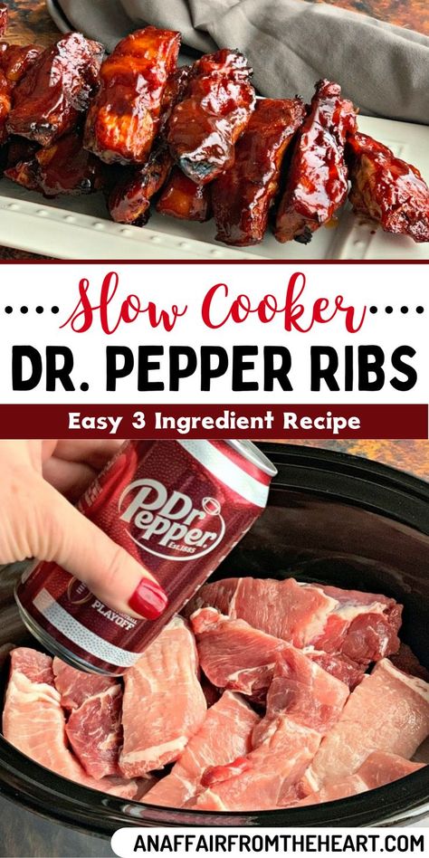 Slow Cooker Dr. Pepper BBQ Ribs stacked on a white rectangular serving dish. Dr Pepper Bbq Ribs, Dr Pepper Ribs, Boneless Country Style Pork Ribs, Slow Cooker Ribs Recipe, Country Style Pork Ribs, Crockpot Ribs, Slow Cooker Ribs, Pork Rib Recipes, Slow Cooked Meals