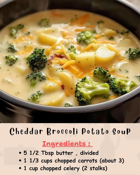 Cheddar Broccoli Potato Soup Ingredients: 5 1/2 Tbsp butter, divided 1 1/3 cups chopped carrots (about 3) 1 cup chopped celery (2 stalks) 1 cup chopped yellow onion (1 small)... Cheddar Broccoli Potato Soup, Broccoli Potato Soup, Homemade Soup Recipes, Broccoli Potato, Cheddar Broccoli, Cheddar Potatoes, Crockpot Soups, Soup Ingredients, Homemade Soup Recipe