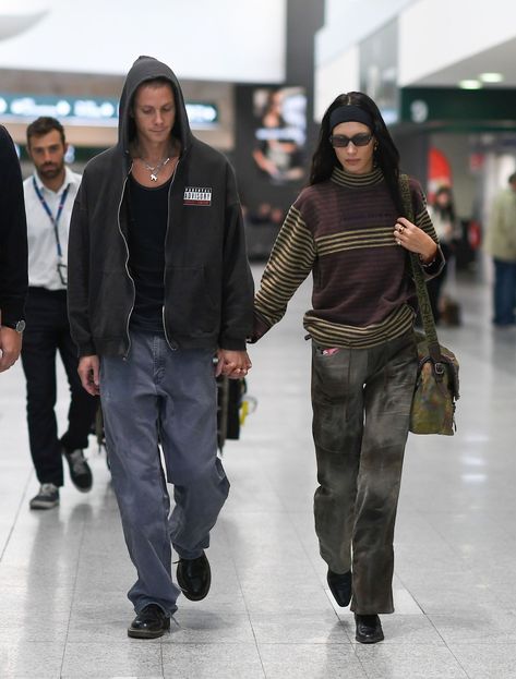 Gorpcore Couple, Model Off Duty Style Kaia Gerber, Asap Rocky Cargo Pants, Bella Hadid And Marc Kalman, Marc Kalman, Kendall Jenner And Fai Khadra Paparazzi, Celebrity Fits, Couple Streetwear, Asap Rocky Leather Jacket