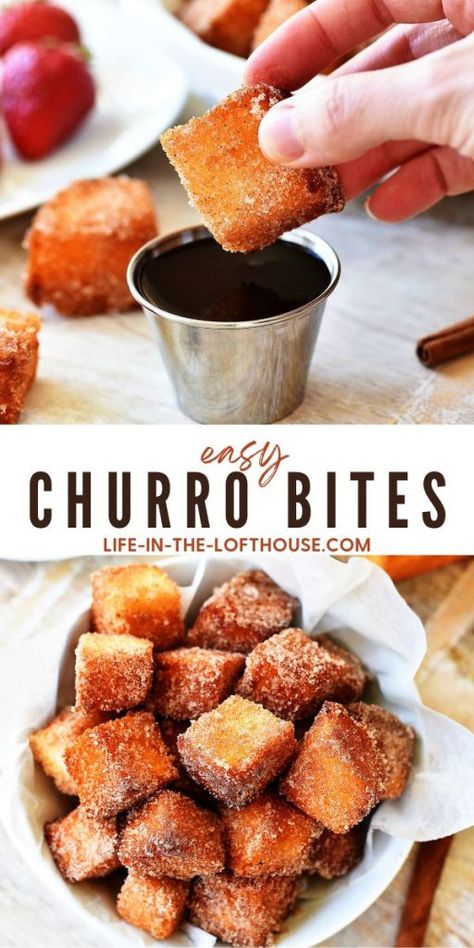 Churro Inspired French Toast Bites, Mexican Bites Appetizers, Churro Flavored Desserts, Churro Cheesecake Shooters, Taco Bar Party Desserts, Mini Churros Recipe, Mexican Desserts Easy Parties, Angel Food Cake Churro Bites, Weird Desserts Recipes