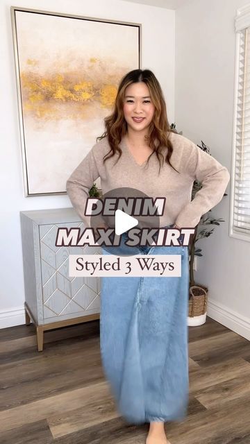 Sandy on Instagram: "Comment “WANT IT” to get the details to these denim maxi skirt outfits sent to your DM!! I love how skirts like these can be dressed up or down for Fall!! 🤎 #targetskirt #denimmaxiskirt #1piecestyled3ways #fallstyle #amazonfashion #targetcircleweek" How To Style Long Jean Skirt, Long Blue Jean Skirt Outfits, Denim Maxi Skirt Outfit Fall, Denim Maxi Skirt Outfit Winter, Jean Skirt Winter Outfit, Long Jean Skirt Outfits Fall, Denim Maxi Dress Outfit, Long Jean Skirt Outfits Winter, Denim Midi Skirt Outfit Winter