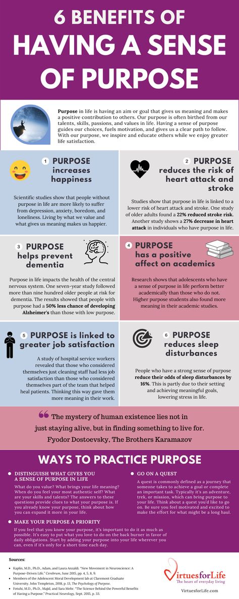 6 Benefits of Having a Sense of Purpose (Infographic) - Virtues For Life Find Your Purpose, Sense Of Purpose, Life Satisfaction, Purpose In Life, Finding Purpose, Great Life, Mental And Emotional Health, Life Purpose, Emotional Health