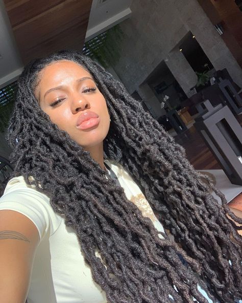 Long Thick Locs Black Women, 200 Locs, Locs With Curls At The End, Long Locs Black Women, Locs Hairstyles For Women Long, Long Locs Hairstyles, Curled Locs, Thick Dreadlocks, Black Women With Locs