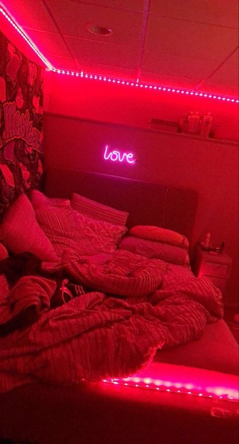 Red Lights Bedroom, Led Lights Bedroom Aesthetic, Red Room Decor, Neon Bedroom, Led Lighting Bedroom, Aesthetic Bedroom Ideas, Chill Room, Neon Room, Romantic Room