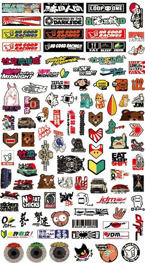 "you will get all decals from the picture, if you need specific designs from the picture please send us a message or add a message to the seller when checking out thank you. Decal Information All decals are made with high-quality 3 mil. vinyl. It carries a minimum 5-7 year outdoor rating and in some cases is rated for longer outdoor use. JDM Sticker MEGA Pack KING SIZE / Lots of Individually Cut Vinyl Decal Stickers These have NO BACKGROUND Only the art is the decal Choose your colors now, with Car Sticker Design Graphics, Stiker Racing, Jdm Decals, Drift Stickers, Jdm Logo Stickers, Jdm Stickers Logos Car Decals, Looks Hip Hop, Jdm Stickers, Vinyl Sticker Design