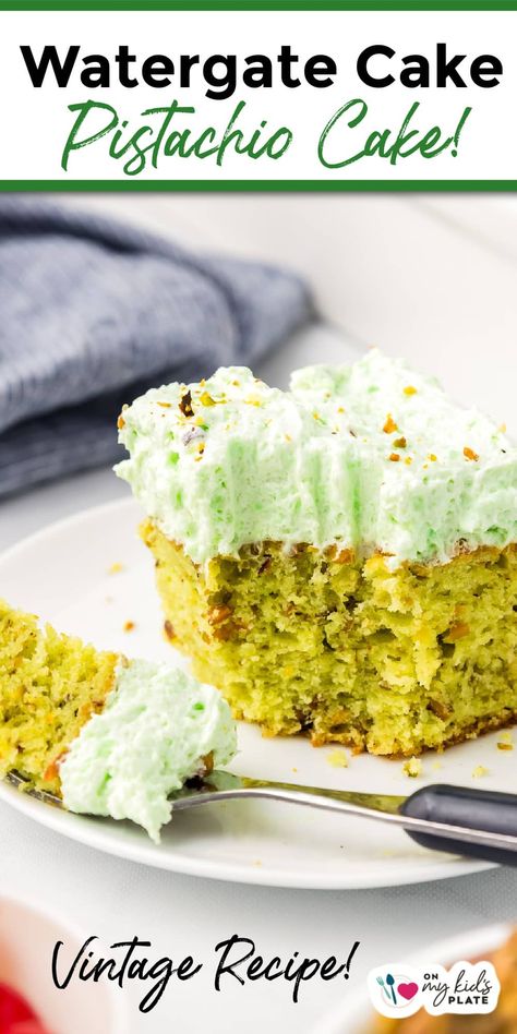 Sweet pistachio pudding cake is a vintage recipe also known as Watergate cake that is sweet, nutty with a beautiful green color! Make this delicious cake for Christmas, St. Patrick's Day, or your next potluck. Pumpkin Cheesecake Bites, Watergate Cake, Cake Pistachio, Pistachio Pudding Cake, Baked Spinach Dip, Pistachio Pudding Cookies, No Bake Pumpkin, Kids Plate, No Bake Pumpkin Cheesecake