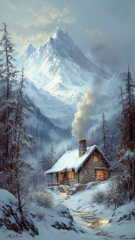 Cozy Snow Wallpaper, Woods Wallpaper Aesthetic, Snow Cabin Aesthetic, Cozy Winter Aesthetic Wallpaper, Snow Wallpaper Aesthetic, Winter Cabin Painting, Cozy Winter Wallpaper, Winter Cabin Aesthetic, Winter Cabin In The Woods