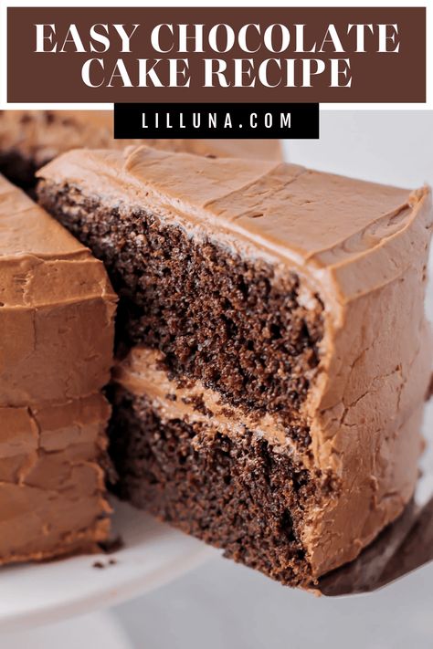 This deliciously easy chocolate cake recipe is topped with homemade chocolate frosting. This 2-layer cake is simple and decadent! #easychocolatecake #chocolatecake #chocolate #cake #twolayerchocolatecake Allrecipes Chocolate Cake, Easy Chocolate Cakes Recipes, Easy Chocolate Cake Recipe From Scratch, Best Easy Chocolate Cake, Chocolate Cake Recipe Easy 3 Ingredients, Chocolate Birthday Cake Ideas, Best Homemade Chocolate Cake, Simple Chocolate Cake Recipe, Easy Chocolate Cake Recipe