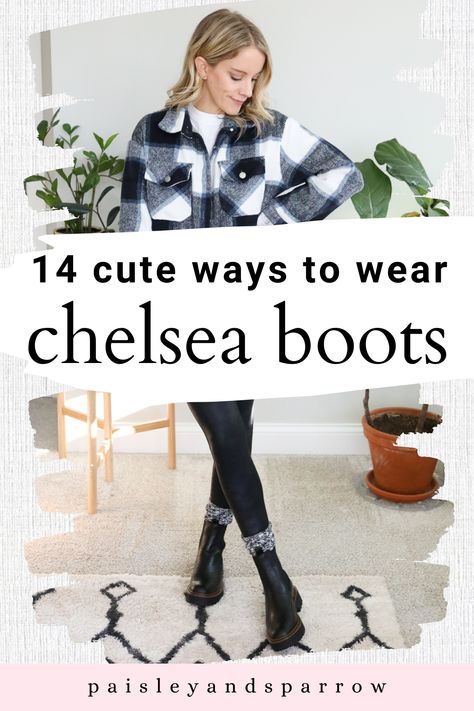 Here are 14 chelsea boot outfit ideas! Look cute in these outfits that range from casual to dressy. Great tips for how to wear these fashionable shoes! Style Boots Women Fashion, Flat Ankle Boots Outfit For Women, How To Wear Black Chelsea Boots, How To Style Black Ankle Boots, Jeans With Chelsea Boots Women, Styling Black Chelsea Boots, Chelsea Boots And Jeans Outfit, Pants To Wear With Chelsea Boots, Black Chelsea Boots Outfit Women Fall