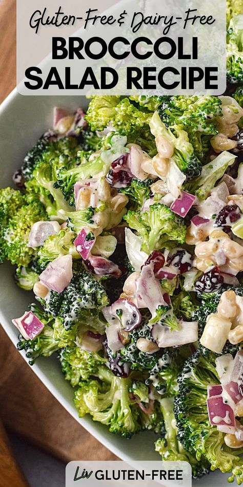 This easy and healthy broccoli salad recipe is gluten-free, dairy-free, and easily vegan! It is the perfect summer side to add to your quick lunch or BBQ dinner. Gluten Free Dairy Free Side Dishes Easy, Dairy Free Dinner Sides, Dairy Free Summer Side Dishes, Gluten Free Salads Recipes, Gluten Free Dairy Free Party Food, Gluten Free Dairy Free Salads, Dairy Free Side Dishes For Bbq, Gluten Free Salads For Parties, Gluten Free Dairy Free Side Dishes