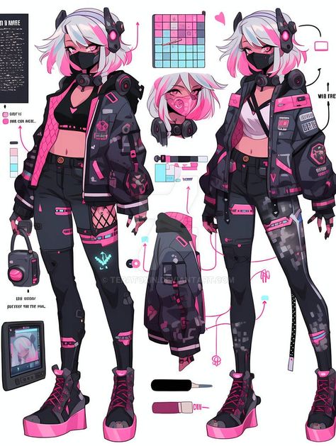 Cyberpunk Outfit Illustration, Punk Aesthetic Drawing, Cool Cyberpunk Outfits, Sci Fi Outfits Drawing, Cyberpunk Outfit Reference, Cyberpunk Cute Outfit, Girly Cyberpunk Outfit, Jacket Falling Off Shoulder Drawing, Glitch Oc Design