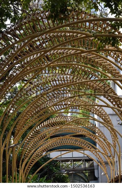 Arch Bamboo Frame Canopy Stock Photo 1502536163 | Shutterstock Bamboo Installation, Bamboo Canopy, Shade Trellis, Bamboo Arch, Bamboo Ideas, Water Pavilion, Bamboo Roof, Lattice Structure, Pavilion Architecture