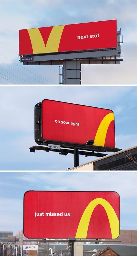 McDonald's billboard design Food Creative Ads Ad Campaigns, Advertising Ideas Creative Ad Campaigns, Creative Campaign Ideas, Mcdonalds Ads, Creative Ad Campaigns, Print Ads Creative, Advertisment Design, Creative Print Ads, Food Campaign