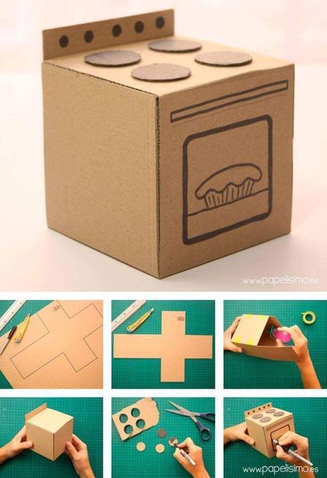 Clever Stuff You Can Make With Cardboard For Kids. - Musely Mini Cardboard Furniture, Cardboard Barbie Furniture, Kitchen Crafts For Kids, Stuff To Make With Cardboard, Barbie Doll Crafts Diy, Doll Kitchen Diy, Doll House Cardboard, Diy Mini Kitchen, Kitchen Cardboard