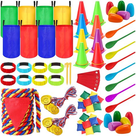 PRICES MAY VARY. Funny Outdoor Game Set: the package contains 70 pieces outdoor party games set, come with 8 pieces potato sack race bags, 8 sets of egg spoon racing game sets, 8 pieces of 3 legged race bands, 8 pieces plastic golden medals, 1piece tug of war rope, 16 pieces colorful rings, 8 pieces bean bags, 8 pieces safety cones, 1 piece black mesh bag, 1 piece flag, 1piece center line and 2 pieces plastic pegs; Different types of game for kids to play and enjoy, all fun in one package Qualit Game For Birthday Party, Egg Spoon Race, Potato Sack Race, Potato Sack Races, Field Day Games, Egg And Spoon Race, Bean Bag Games, Outdoor Party Games, Sack Race