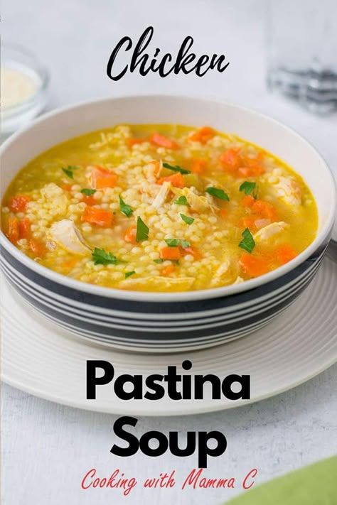 Chicken Pastina Soup is ready in less than an hour! This Italian chicken soup with little pasta shapes features shredded chicken breasts and full-bodied flavor from onions, carrots, celery and stock. It's the best comfort food! #chickenpastinasoup #pastinasoup #chickensoupwithchickenbreast Chicken Pastina Soup, Chicken Pastina Soup Recipe, Chicken Pastina, Chicken Pasta Soup, Pastina Recipes, Soup Recipes Homemade, Italian Chicken Soup, Italian Soups, Pastina Soup