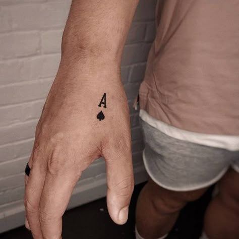 Tattoo On Finger For Man, Ace Hand Tattoo, A Of Spades Tattoo, Ace Spade Tattoo, Board Game Tattoo, Ace Of Hearts Tattoo, Ace Tattoos, Spades Tattoo, Ace Of Spades Tattoo