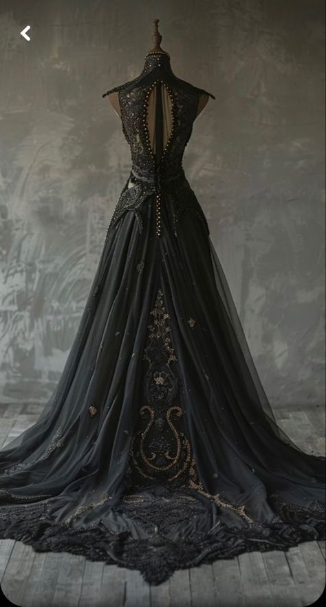 Fantasy Clothing Royal, Black Medieval Dress, Fantasy Fits, Masquerade Gowns, Villain Dresses, Ethereal Gowns, Ball Gowns Fantasy, Masquerade Ball Gown, Fairytale Gown