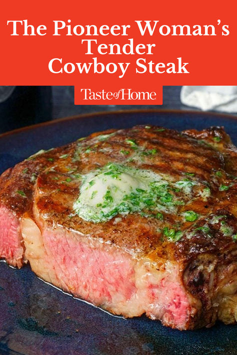 This cowboy steak recipe is the best bone-in ribeye ever! #cowboysteak #steak #steakrecipes #thepioneerwoman #dinnerrecipes #dinner Cowboy Steak How To Cook, Cowboy Ribeye Steak Recipe, Cowboy Ribeye, Tomahawk Ribeye, Cowboy Steak, Ribeye Steak Recipes, Rare Steak, Meat Rubs, Recipes Thanksgiving