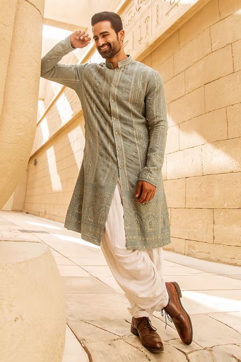 Buy Soniya G- Men Blue Lucknowi Kurta And Salwar Set Online | Aza Fashions Off White Salwar, India Fashion Men, White Salwar, Lucknowi Kurta, Indian Wedding Clothes For Men, Haldi Ceremony Outfit, Mens Indian Wear, Wedding Kurta For Men, Groom Dress Men