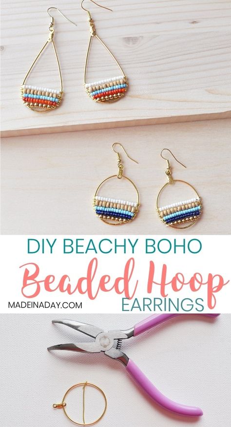 Earrings Beachy, Navy Blue Earrings, Hoop Jewelry, Homemade Earrings, Wire Hoop Earrings, Beaded Earrings Tutorials, Beaded Earrings Diy, Earrings Wood, Beachy Boho