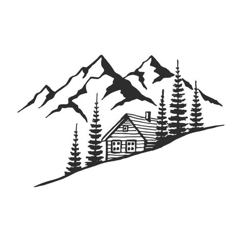 Black And White Pine Tree Art, Mountains And Trees Drawing, Nature Simple Drawing, Home Tattoo Ideas, House On Mountain, Mountain Drawing Simple, House In Mountains, Mountain Black And White, Mountain Doodles