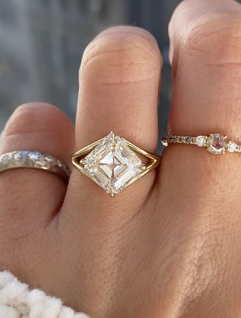 caption:Shown with 4ct Asscher cut diamond Wide Cathedral Engagement Ring, Digby And Iona Engagement, Emerald Ring Marquise, Dome Wedding Band With Engagement Ring, Emerald Unique Engagement Rings, Split Setting Engagement Ring, Unique Engagement Rings Non Traditional White Gold, Rotated Princess Cut Engagement Ring, Chris Cut Diamond