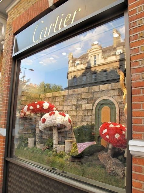 Enchanted Forest Window Display, Rain Window Display, Nature Window Display, Mushroom Window Display, Autumn Window Display Retail, Fall Store Window Displays, Mushroom Display, Fall Store Displays, Autumn Window Display