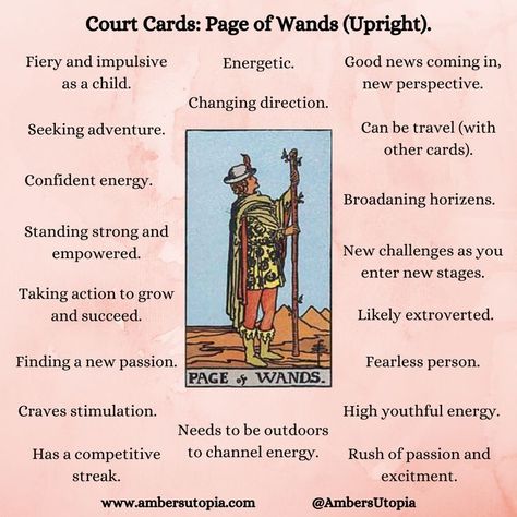 The Page of Wands, in an upright position from the suit of wands in the tarot deck and its meanings, including the astrology and numerology meanings.   #PageofWands #SuitofWands #TarotCardMeanings #Tarot Page If Wands Tarot Meaning, Princess Of Wands Tarot Meaning, 3 Of Wands Tarot Meaning, Ten Of Wands Tarot Meaning, Page Of Wands Tarot Meaning, Page Of Cups Tarot Meaning, Court Cards Tarot, Page Of Wands Tarot, 5 Of Wands