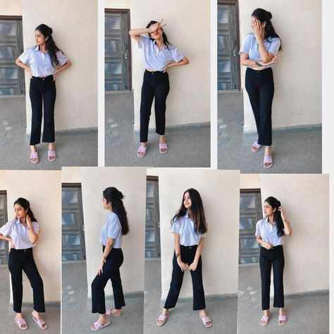 Jeans Top Photoshoot Poses At Home, Uniform Photoshoot Ideas, Photo Poses Girly, Photo Pose Style For Women, Jins Top Photo Pose, Selfie Poses Girly, Girly Photography Poses Instagram, Hairstyle On Jeans Top, Photo Poses In Jeans Top