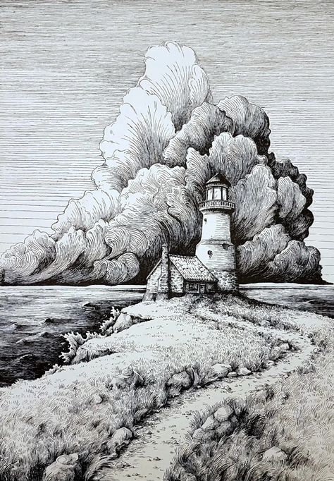 Landscape Drawing Black And White, Cross Hatching Landscape, Landscaping Sketching, Ink Architecture Drawing, Fineliner Landscape, Pen Art Work Drawings, Pen Sketch Landscape, Ink Landscape Drawing, Pen Cross Hatching