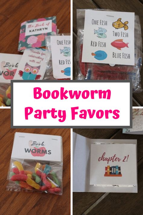 These bookworm party favor ideas and printables feature: gummy worm "bookworms," Dr. Seuss inspired "Red fish," and book party favors made out of Hershey's chocolates.  #birthdayideas #bookworm #bookparty #libraryparty #bookthemedparty #bookworms Book Themed Candy Bar, Book Worm Themed Birthday Party, Bookworm Party Decorations, Bookworm Party Ideas, Library Themed Party, Bookworm Birthday Party, Book Themed Party Favors, Rory Birthday, Book Party Favors