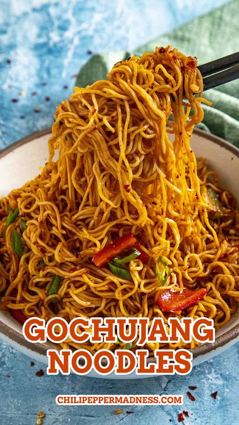 Gochujang Noodles looking yum Gochujang Noodles With Chicken, Gochujang Rice Noodles, Mild Spicy Recipes, Korean Stir Fry Noodles, Huhot Recipes Noodles, How To Use Gochujang Paste, Korean Pork Noodles, Gochujang Ramen Noodles, Spicy Chow Mein Recipe