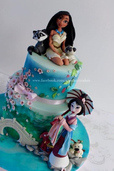 Mulan and Pocahontas cake by Zoe's Fancy Cakes Pocahontas Cake, Disney Birthday Cake, Birthday Cake Disney, Birthday Cake Vanilla, Cakes Graduation, Cakes Photography, Castle Cakes, Zoes Fancy Cakes, Best Birthday Cake