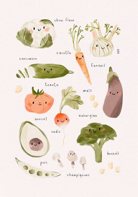 Educational Poster Ideas, Vegetable Illustration Art, Cute Eyes Illustration, Children’s Wall Art, Avocado Cute Art, Carrot Illustration Cute, Cauliflower Illustration, Children’s Illustration, Cauliflower Drawing