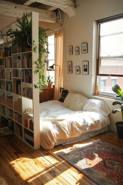 Creative Nook Ideas, Bedroom With Room Divider, Ikea One Room Apartment, One Room Appartement, 600 Sq Ft Studio Apartment Ideas, Small Apartment Interior Design Ideas, Kallax Hack, Bed Nook, Separate Room