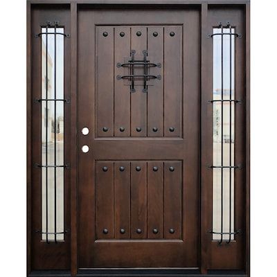 Greatview Doors 60-in x 80-in Wood Right-Hand Inswing Mahogany Stained Prehung Single Front Door with Sidelights Solid Core Lowes.com Single Front Door With Sidelights, Rustic Entry Doors, Rustic Exterior Doors, House Entrance Doors, Front Door With Sidelights, Brown Front Doors, Mahogany Front Door, Single Front Door, Door With Sidelights