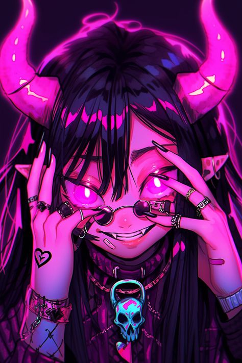 Oni Art Demons, Demonic Pfp, Demon Girl Pfp, Anime Demon Pfp, Silver Wolf Wallpaper, Demon Pfp, Pink Pfps, Pink Alien, Vampire Drawings