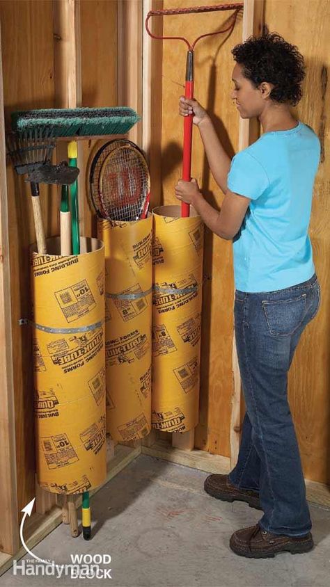 Garage Storage  Cardboard concrete-forming tubes are inexpensive ($7 at any home center) and provide a great place to store baseball bats, long-handled tools and rolls of just about anything. Rest the tubes on a piece of 2x4 to keep them high and dry. Secure each tube to a garage stud with a plumbing strap. Garage Cardboard Storage, Bag Chair Storage Garage Wall, Concrete Tube Form Ideas, Corner Garage Storage, Lawn Chair Storage Garage, Hockey Stick Storage, Shed Storage Shelves, Bat Storage, Storage Tubes