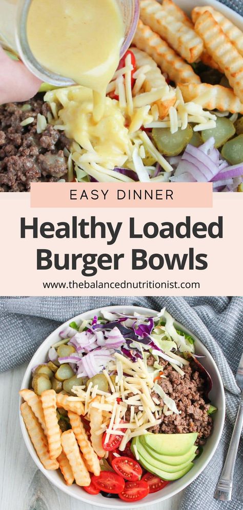 Try these loaded burger bowls for a healthy beef recipe that’s packed with flavor. This recipe for loaded cheeseburger bowls combines beef, cheese, lettuce, onion, tomatoes, pickles, and a savory sauce. It’s the best loaded burger bowl – a simple dinner idea with lots of protein. Perfect for when you’re wondering what to make with ground beef, and great with a side of fries! Burger Salad Bowl, Cheeseburger Bowls, Deconstructed Burger, Cheeseburger Bowl, Loaded Burger Bowls, Make With Ground Beef, Loaded Burger, Salad Bowl Recipes, Burger Bowl