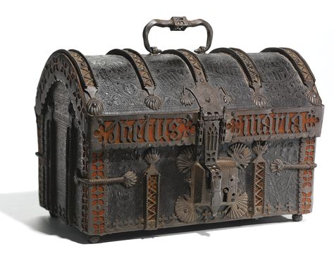 Spanish, late 15th/ early 16th century and later<br> | lot | Sotheby's Antique Trunks, Metal Trunks, Medieval Furniture, Old Trunks, Leather Engraving, Antique Trunk, Trunks And Chests, Steamer Trunk, Box Chest