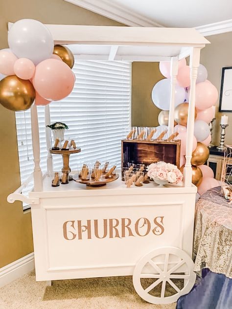 Wedding Churro Station, Churros Party Display, Churro Cart Wedding, Dessert Cart Ideas, Churros Cart, Snack Cart Party, Churro Station, Churros Bar, Candy Cart Ideas