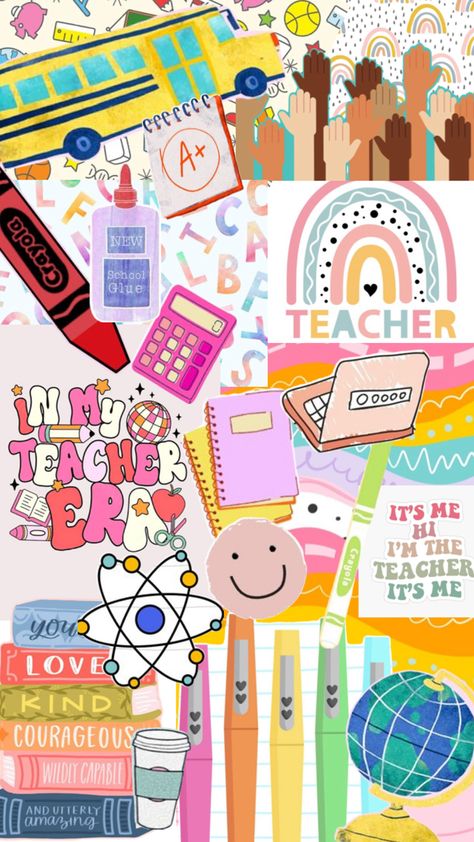 A collage of all things teaching! This one is for my sister who’s a first grade teacher! Hope someone else can use it too :) Ipad Teacher, Back To School Wallpaper, Teacher Wallpaper, Teacher Aesthetic, Iphone Wallpaper Vsco, Girl Wallpapers, Boho Crafts Diy, Girly Wallpapers, School Scrapbook