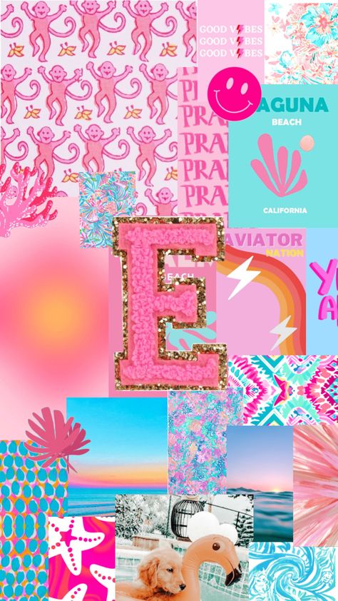 🌺🌺🌺 Preppy Inspo Wallpaper, Preppy E Wallpaper, E Background Letter, Preppy Collages, Preppy Summer Wallpaper, Preppy Places, Lilly Pulitzer Iphone Wallpaper, Preppy Backgrounds, Preppy Collage