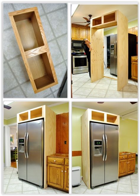 Diy Cabinet Over Fridge, Cabinet On Top Of Fridge, Cabinets On Side Of Fridge, Build Around Refrigerator, Ikea Fridge Cabinet Hack, Fridge Built In Cabinet Diy, How To Build Cabinet Above Fridge, Over The Fridge Cabinet Ideas, Diy Oven Cabinet