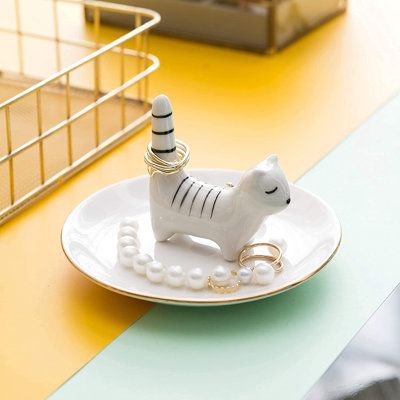 Made of premium high-fired ceramic. Especial exquisite and elegant ceramic white kitty/cat with striped tail trinket tray. | Red Barrel Studio Adorable Cat Trinket Dish Ring Holder Jewellery Tower Rack Jewel Tray, Lovely White Cat w/ Striped Tail White | C006645289 | Wayfair Canada Cat Trinket Dish, Cat Trinket, Cat Ring Holder, Clay Diy Projects, Cat Ring, Ceramic Rings, Clay Art Projects, Cat Jewelry, Jewelry Dish